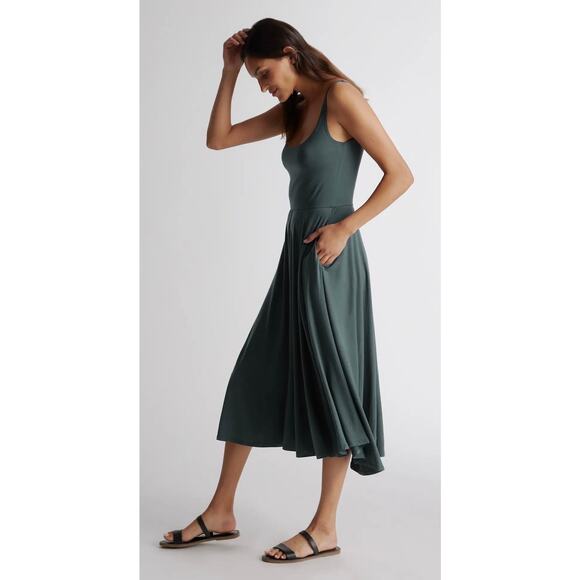 Quince Tencel Jersey Fit & Flare Dress in Dark Olive. Size S - Picture 2 of 8